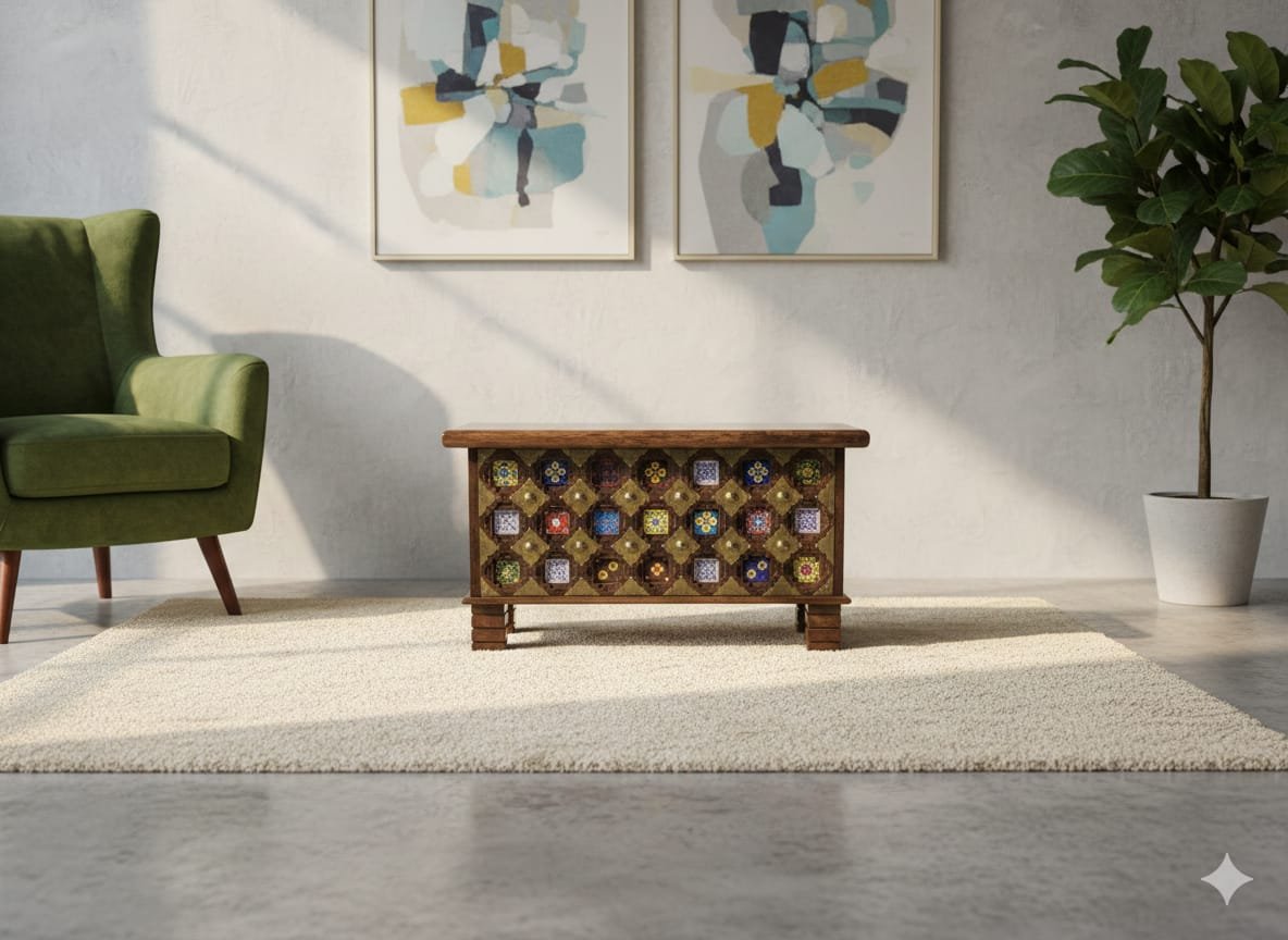 Exquisite Handcrafted Artisan Sandook – Brass & Tile Inlay