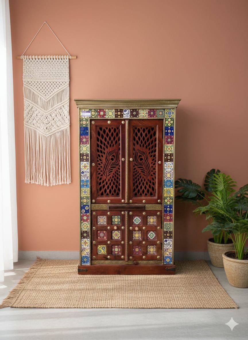 Exquisite Hand-Painted Peacock Jali Wood Mandir