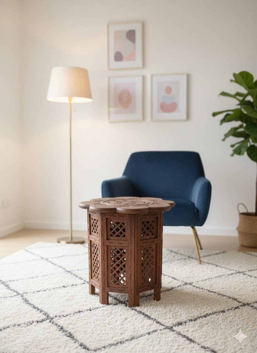 Hand-Carved Floral Octagonal Folding Table - Image 5