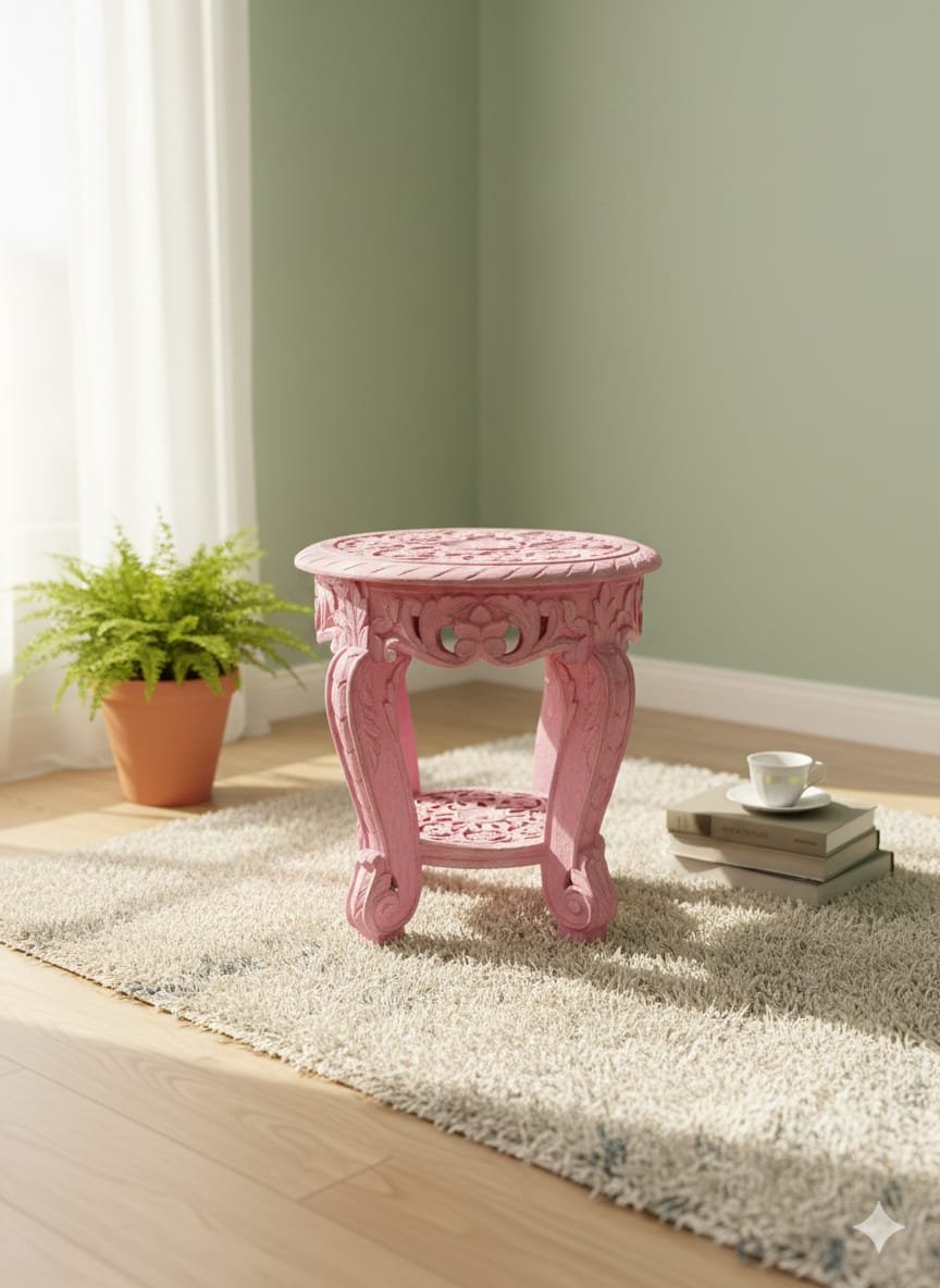 Intricately Carved Pink Pedestal Table - Image 2