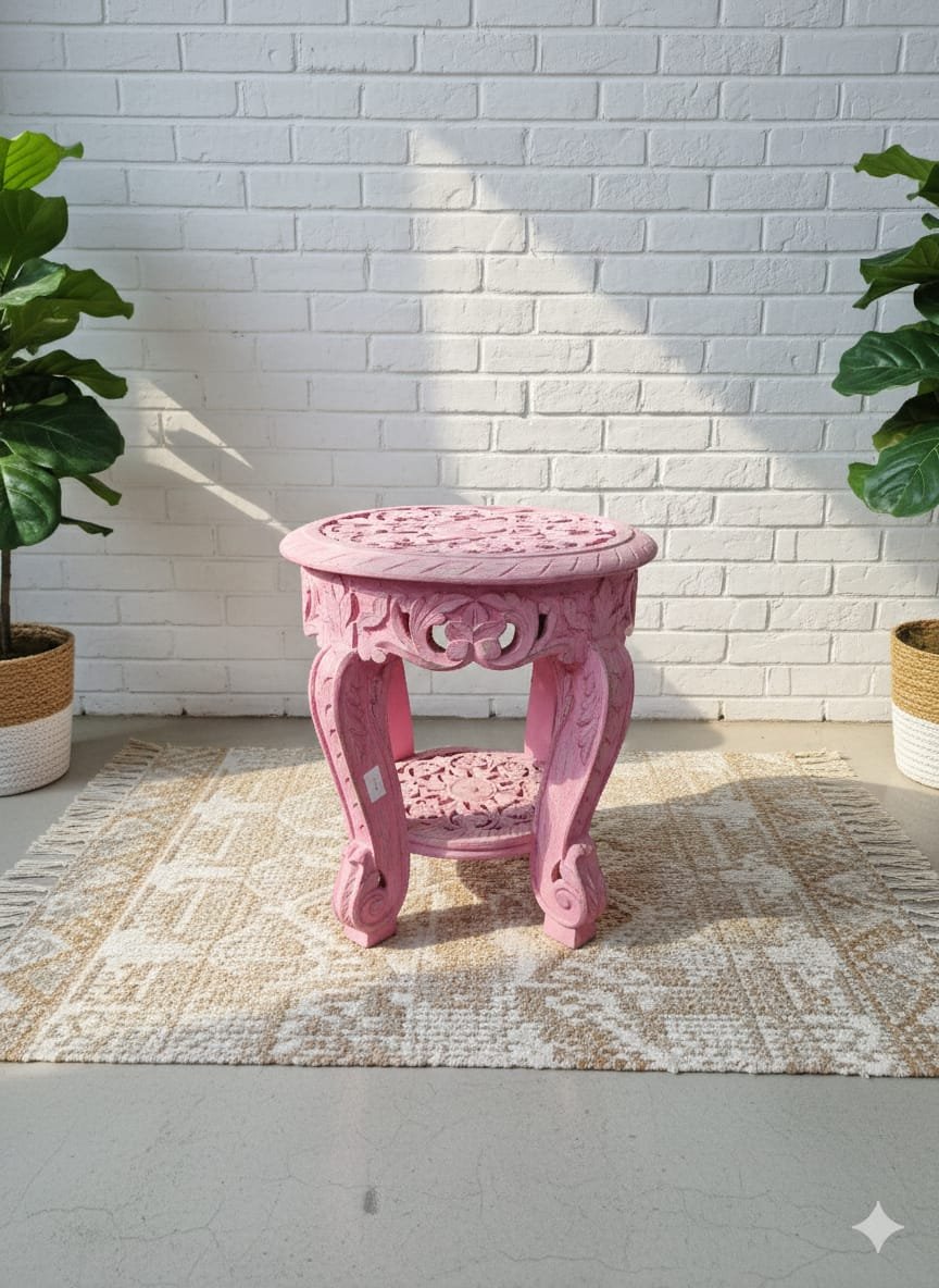 Intricately Carved Pink Pedestal Table