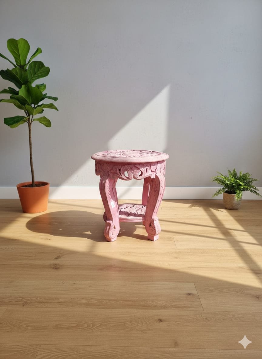 Intricately Carved Pink Pedestal Table - Image 4