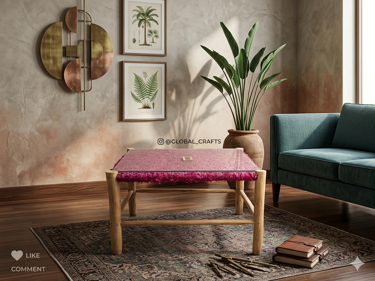 Artisan Crafted Centre Table - Pink Hand-Woven Accent - Image 2