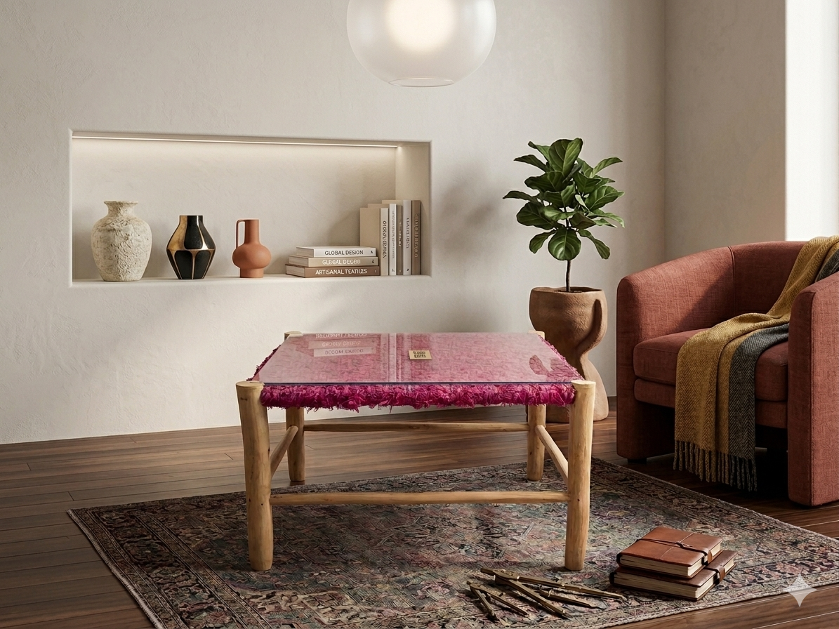 Artisan Crafted Centre Table - Pink Hand-Woven Accent