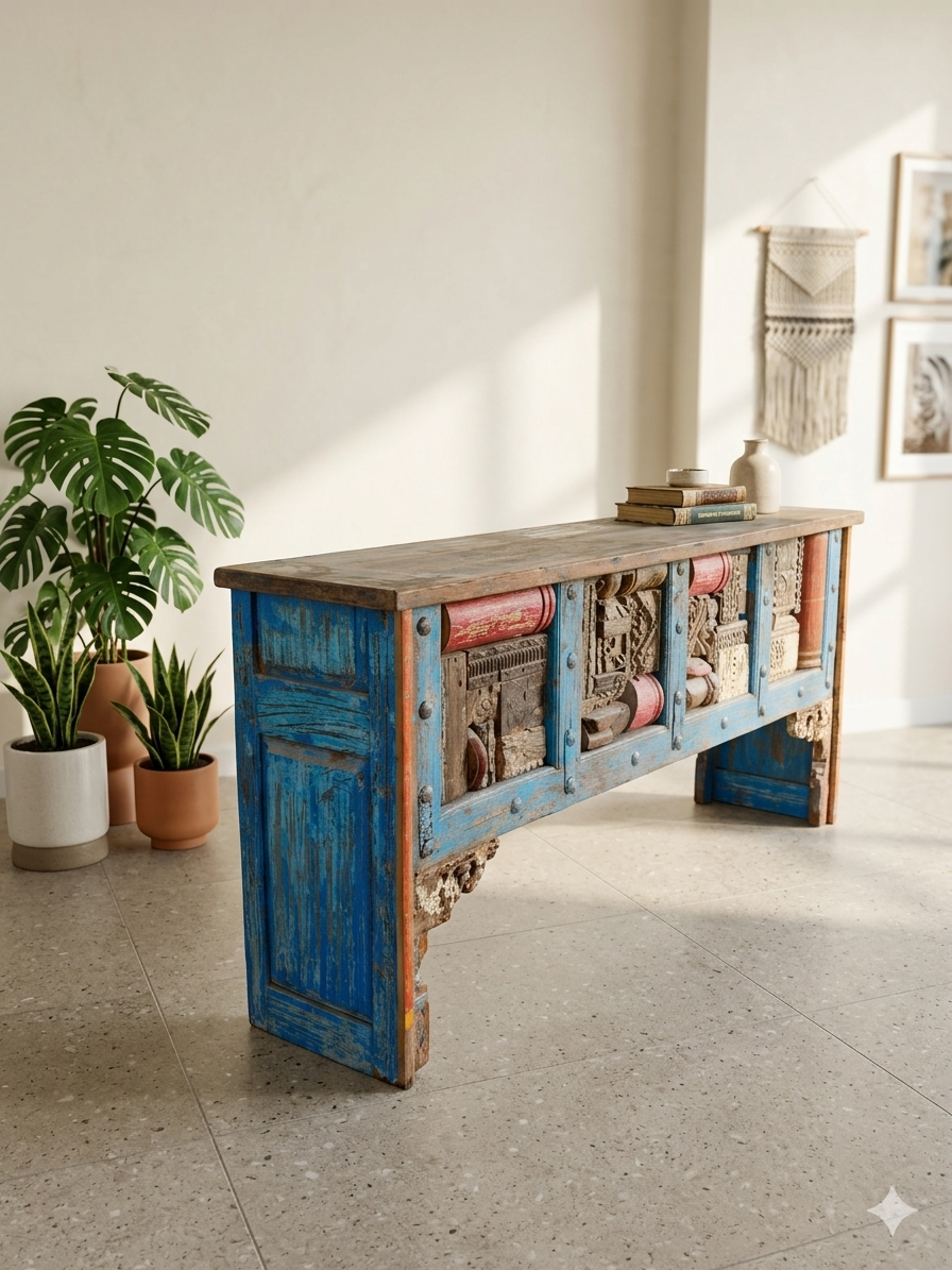 Vintage Reclaimed Wood Artisanal Console Table - Image 2