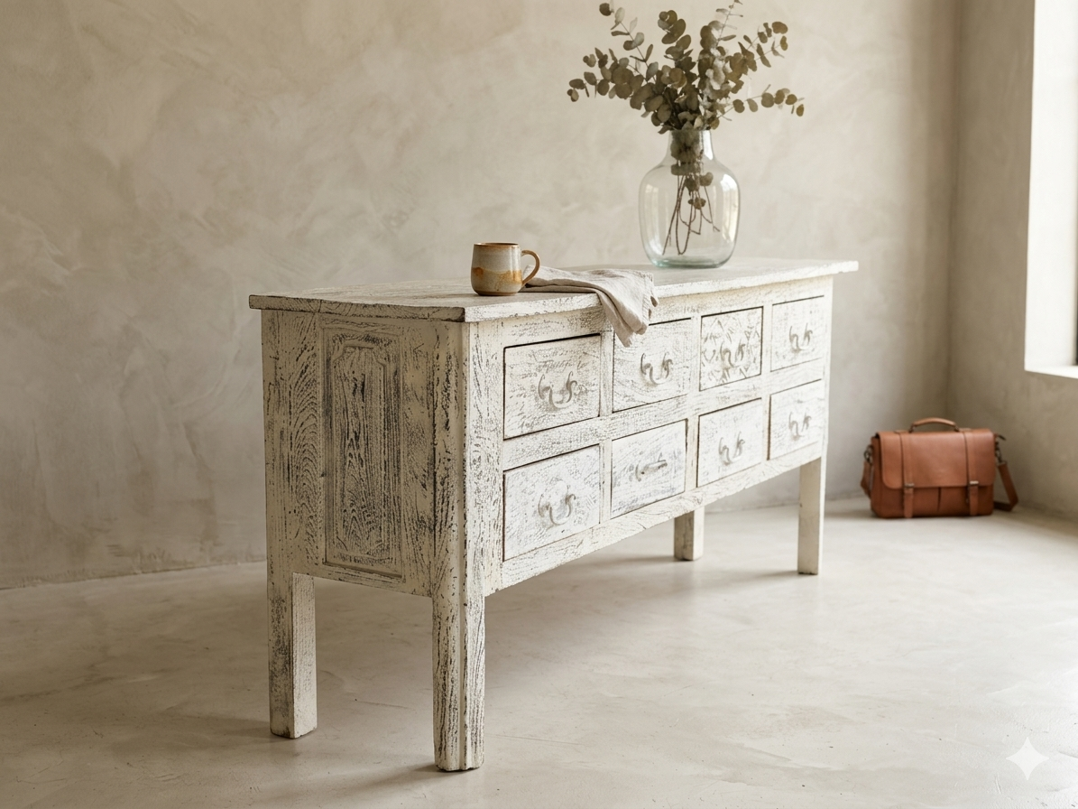 Handcrafted Antique White Console Table – 8 Drawers - Image 2