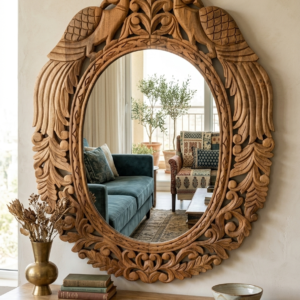Handcrafted Peacock Motif Solid Wood Mirror Frame