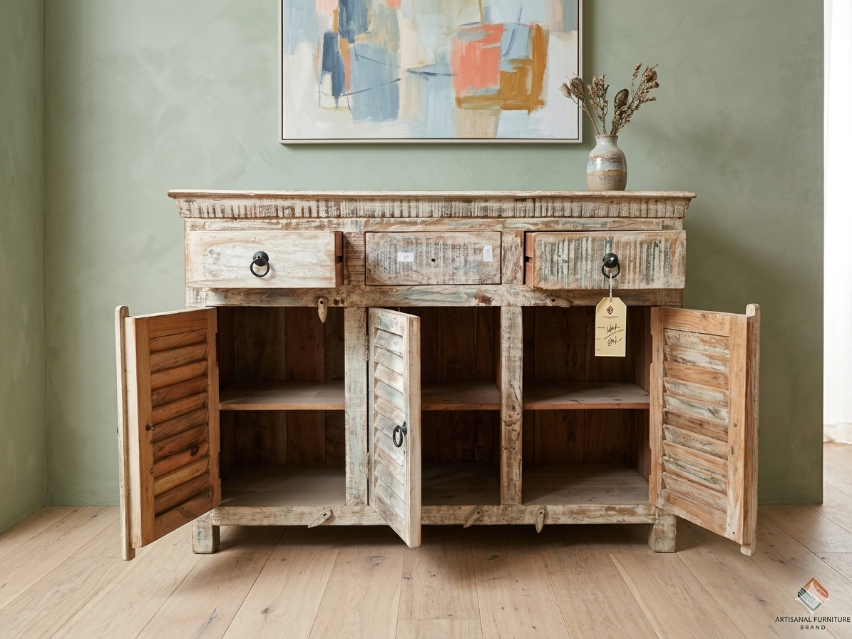 Shabby Chic Louvered Sideboard - Distressed White - Image 2