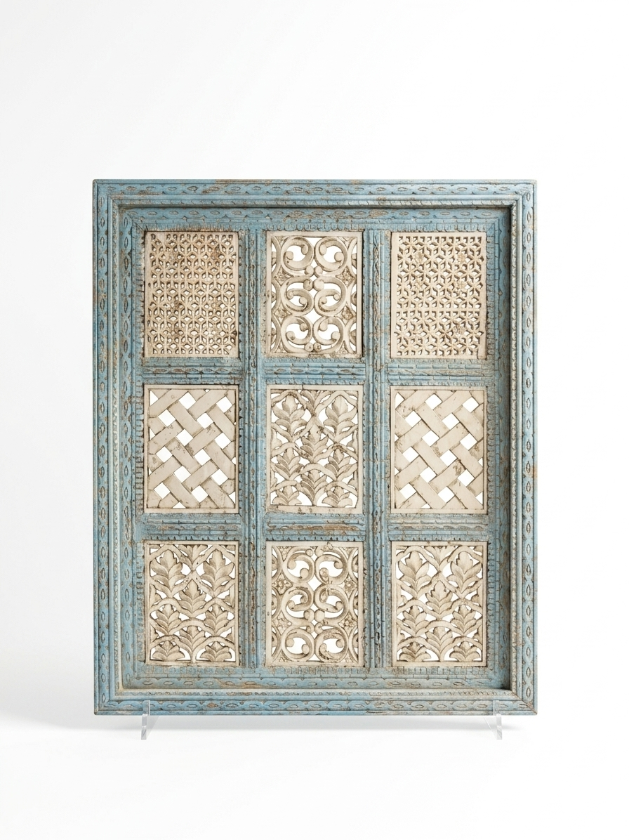 Vintage Jodhpur Heritage: Hand-Carved 9-Block Jali Wall Panel - Image 2