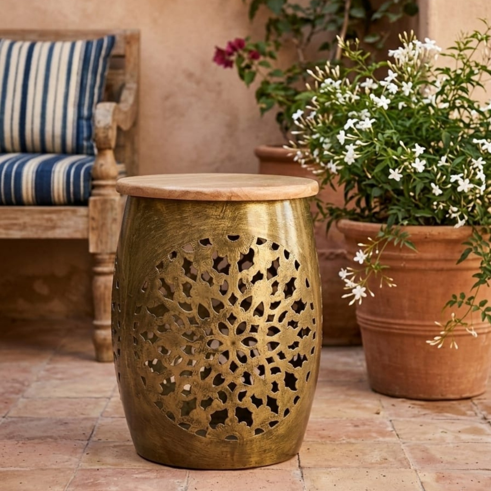 Brass Filigree Flower Stand with Mango Wood Top - Image 2