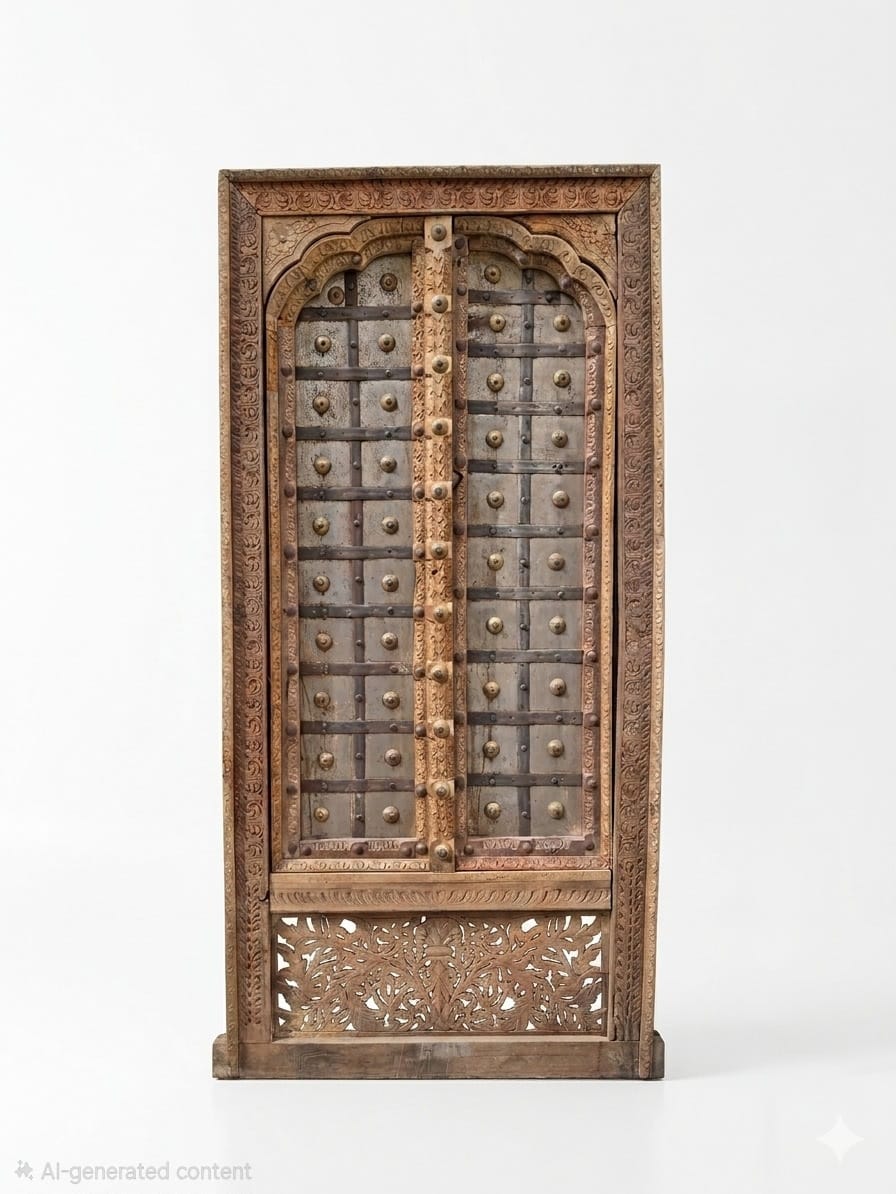 Handcrafted Antique Wooden Door – Brass & Iron Studded