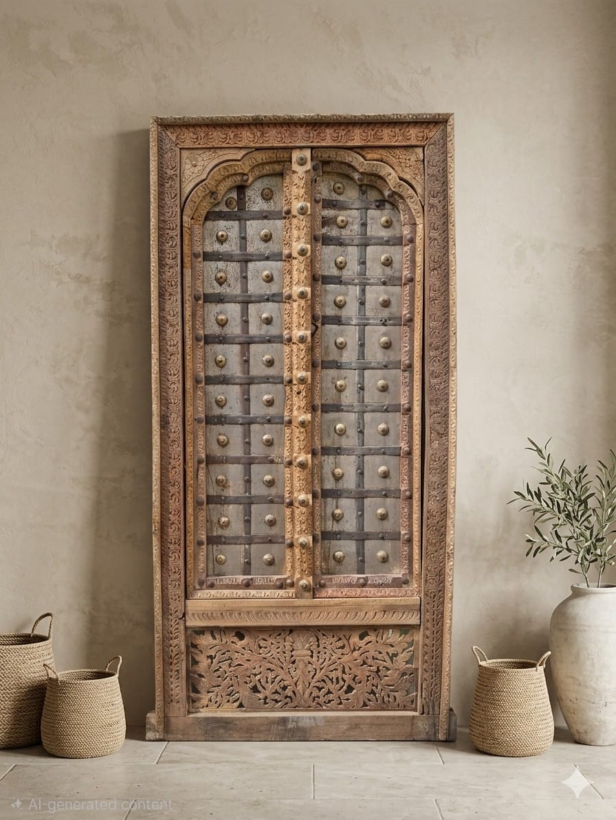 Handcrafted Antique Wooden Door – Brass & Iron Studded - Image 2