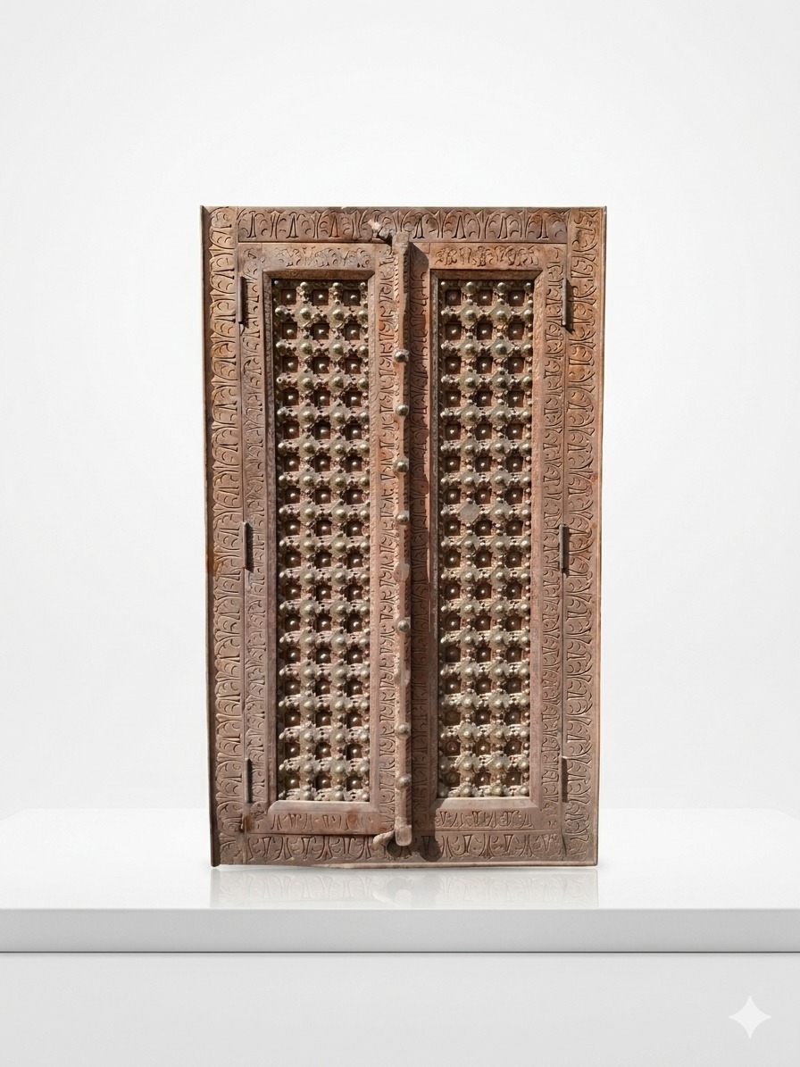 Antique Hand-Carved Wooden Door – Heritage Brass Studded Design