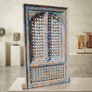 Handcrafted Antique Carved Wooden Door – Blue Distressed Finish