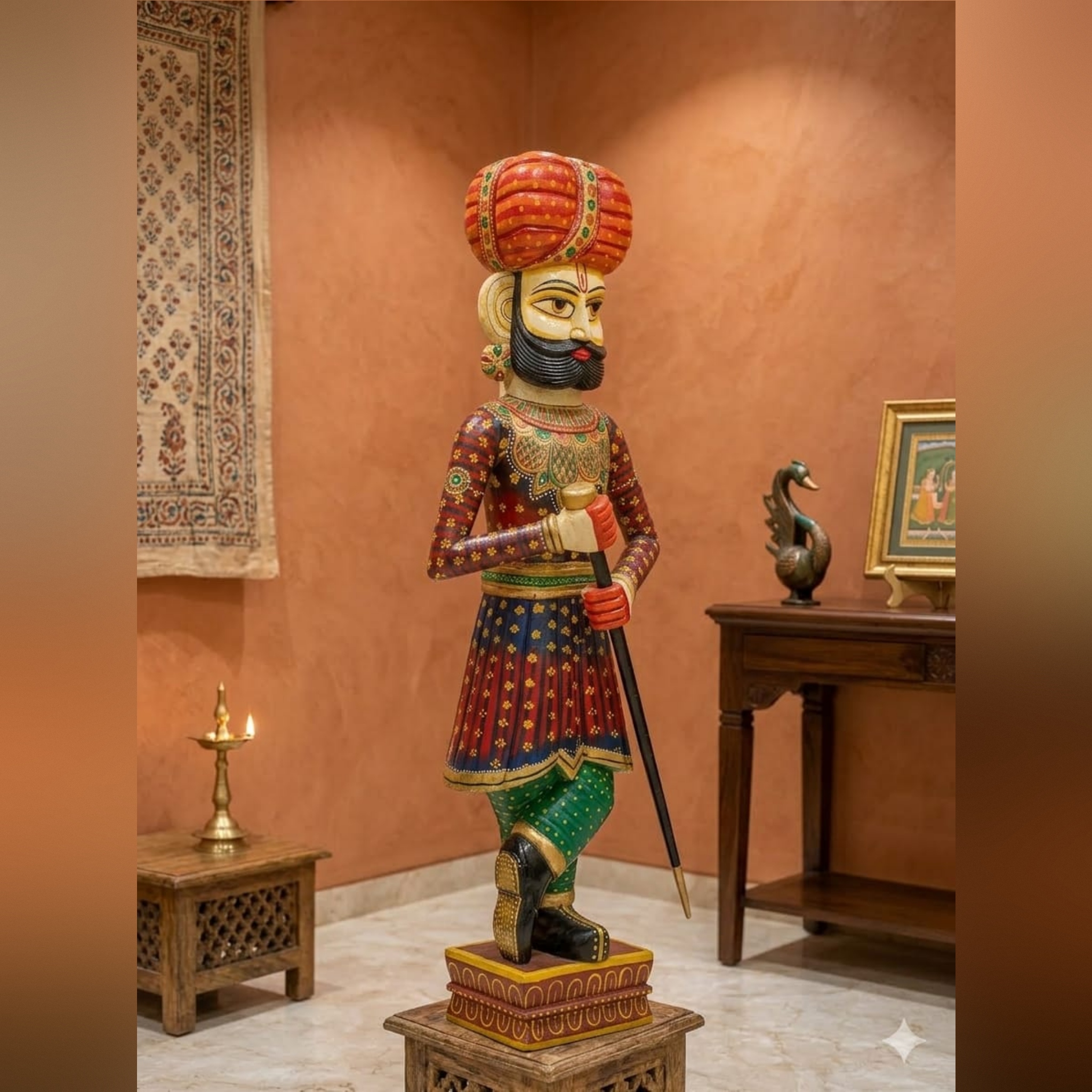 Hand-Painted Rajasthani Wooden Soldier(150cm) - Image 3