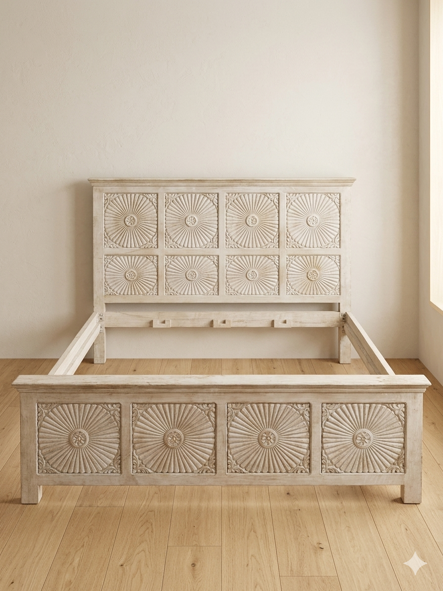 Handcrafted Mango Wood Carved Bed Frame - Image 3