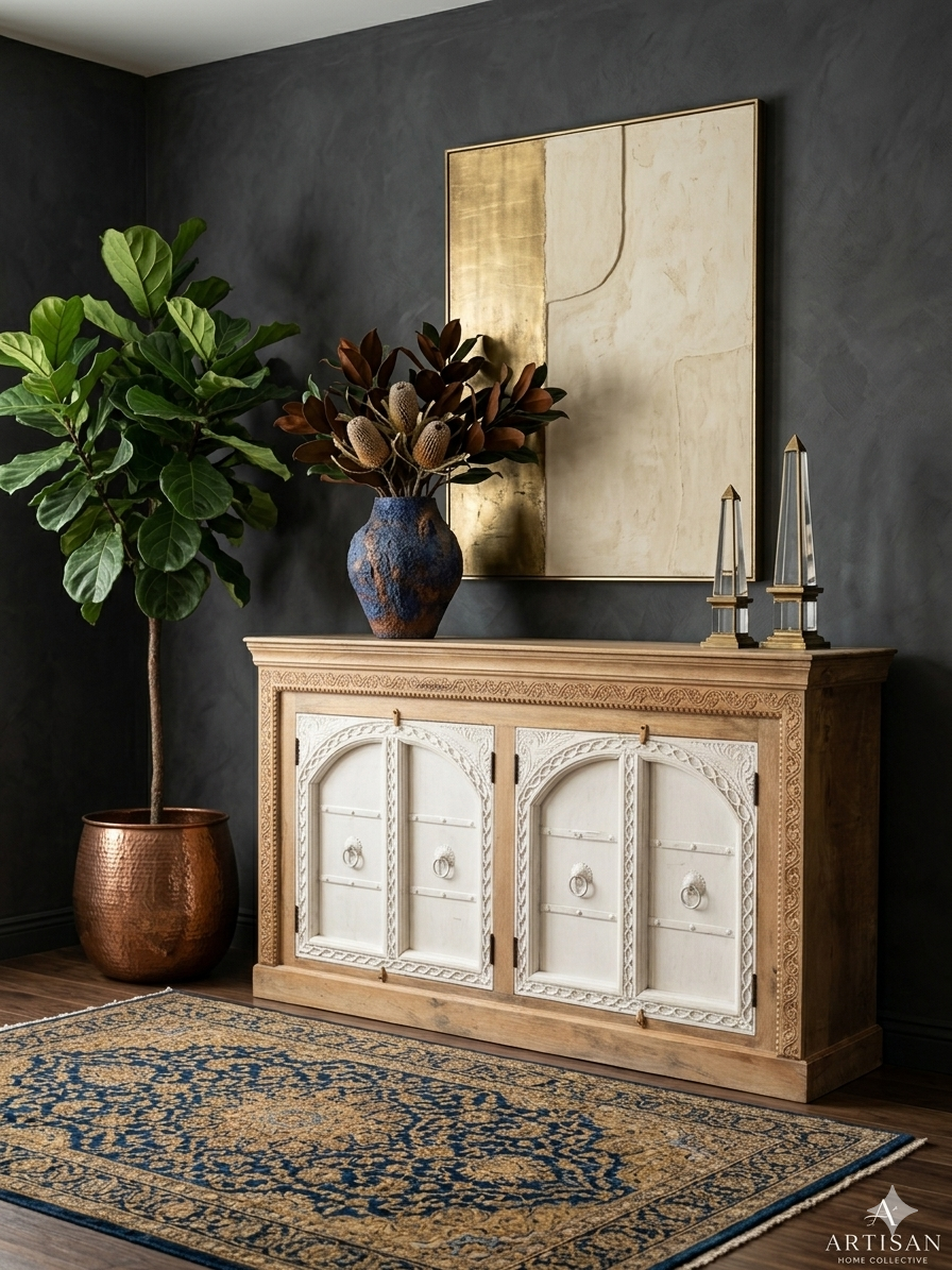Artisanal Hand-Carved Wooden Sideboard