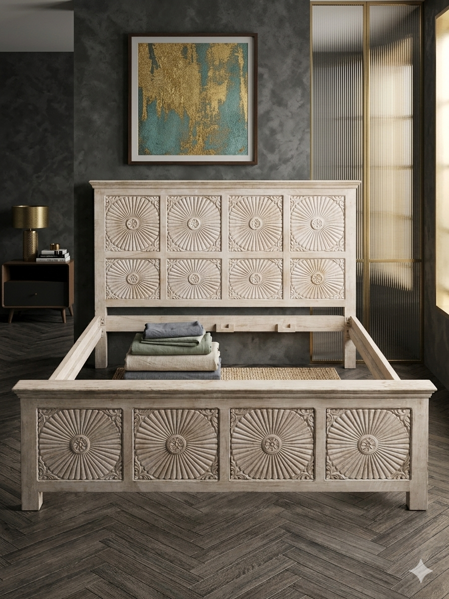 Handcrafted Mango Wood Carved Bed Frame - Image 2