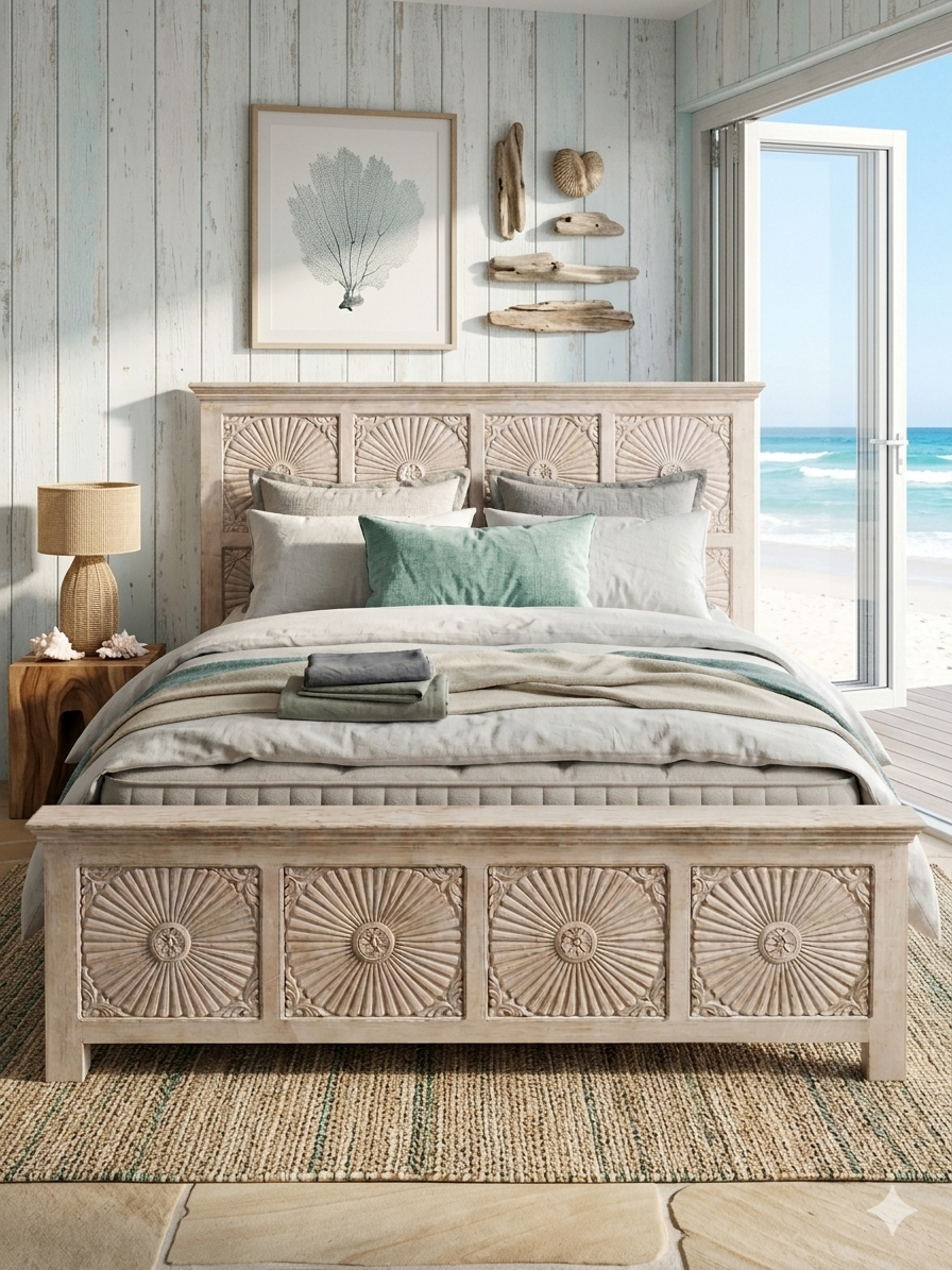 Handcrafted Mango Wood Carved Bed Frame