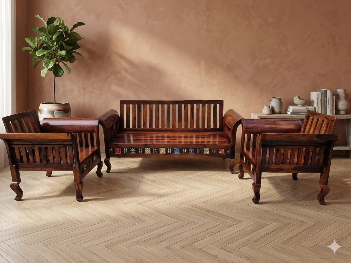 Sheesham Wood 5-Seater Sofa Set with Traditional Tile Work - Image 3