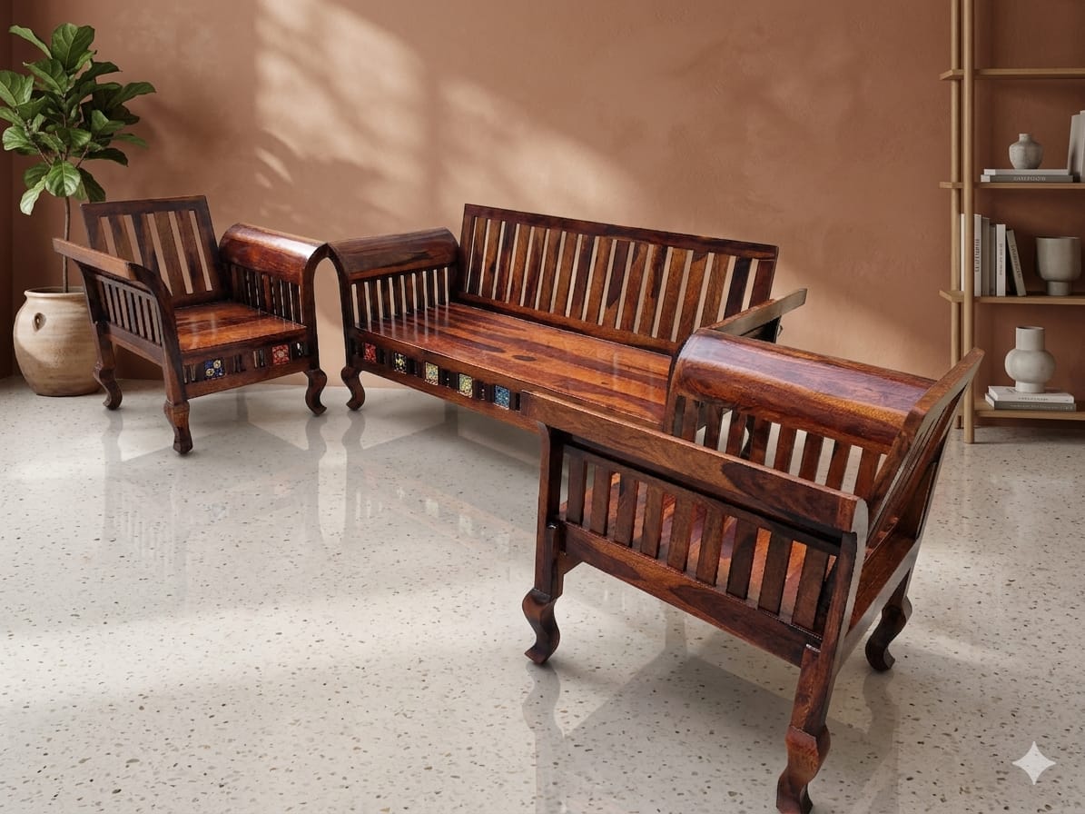 Sheesham Wood 5-Seater Sofa Set with Traditional Tile Work - Image 4