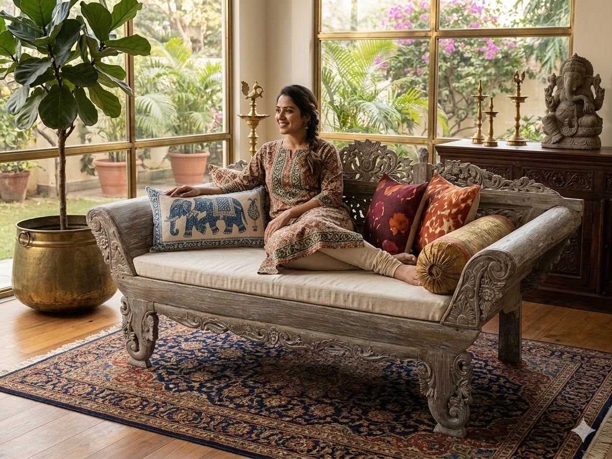 Hand-Carved Wooden Daybed – Distressed Antique Finish - Image 2
