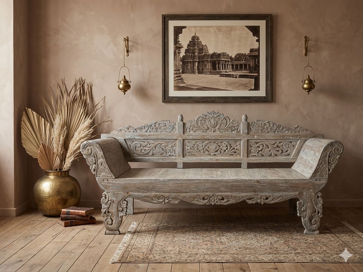 Hand-Carved Wooden Daybed – Distressed Antique Finish