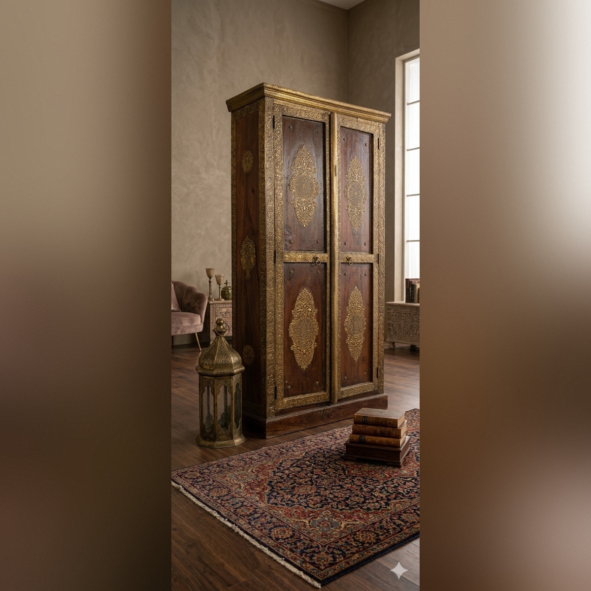 Handcrafted Antique Wooden Wardrobe with Traditional Carved Design - Image 3