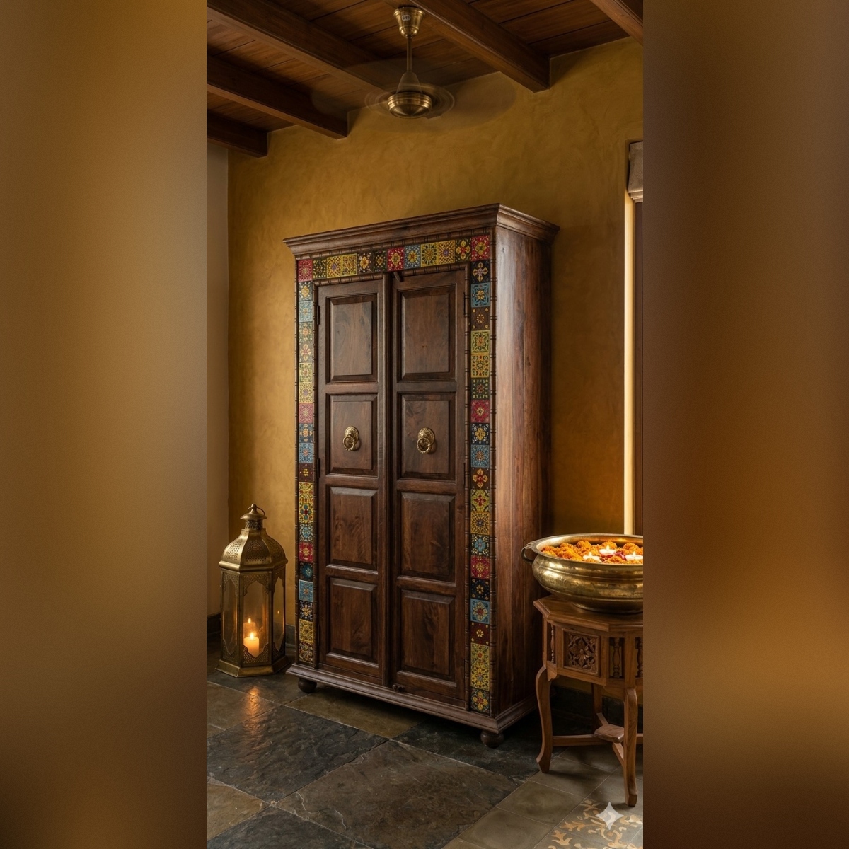 Premium Solid Wood Handcrafted Wardrobe with Decorative Mosaic Border
