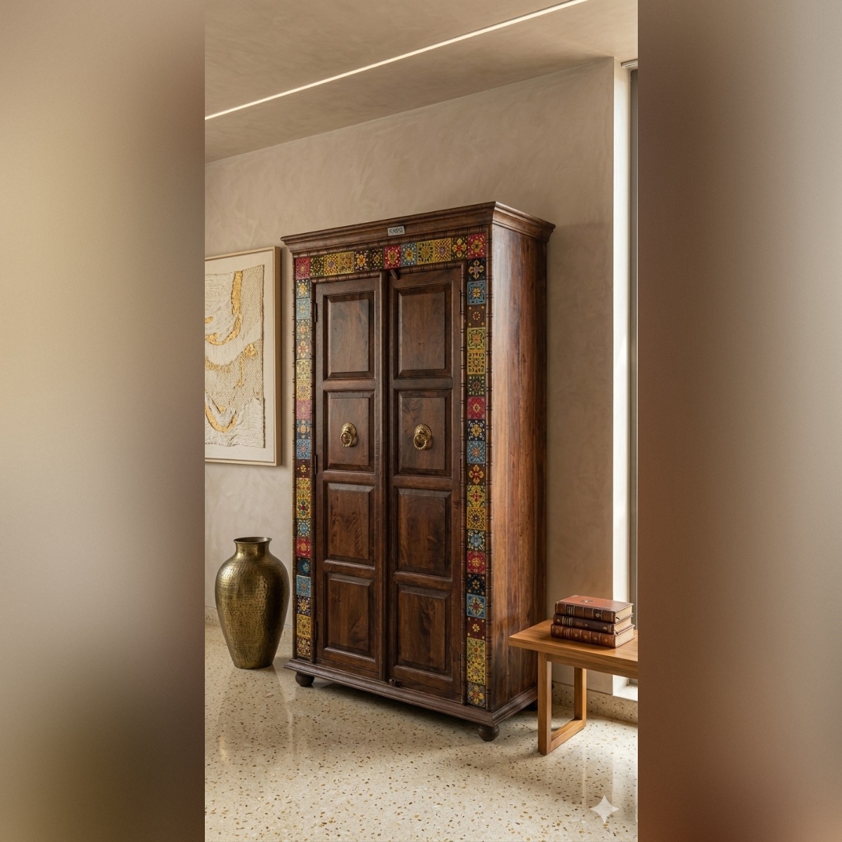 Premium Solid Wood Handcrafted Wardrobe with Decorative Mosaic Border - Image 2