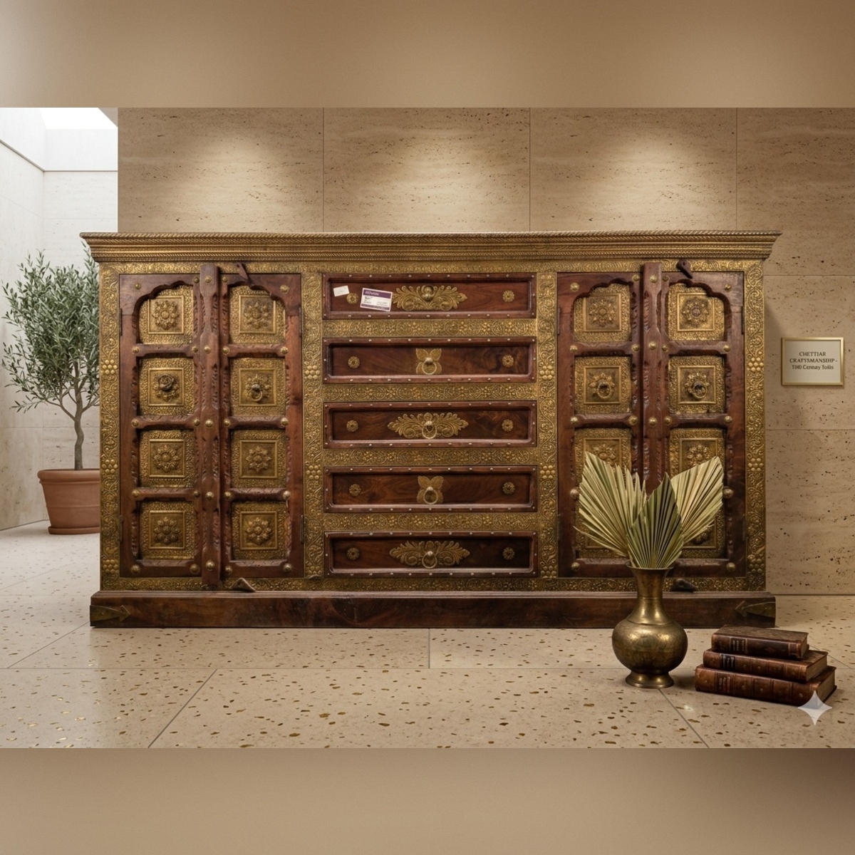 Handcrafted Solid Wood Sideboard Cabinet with Antique Brass Carvings - Image 2