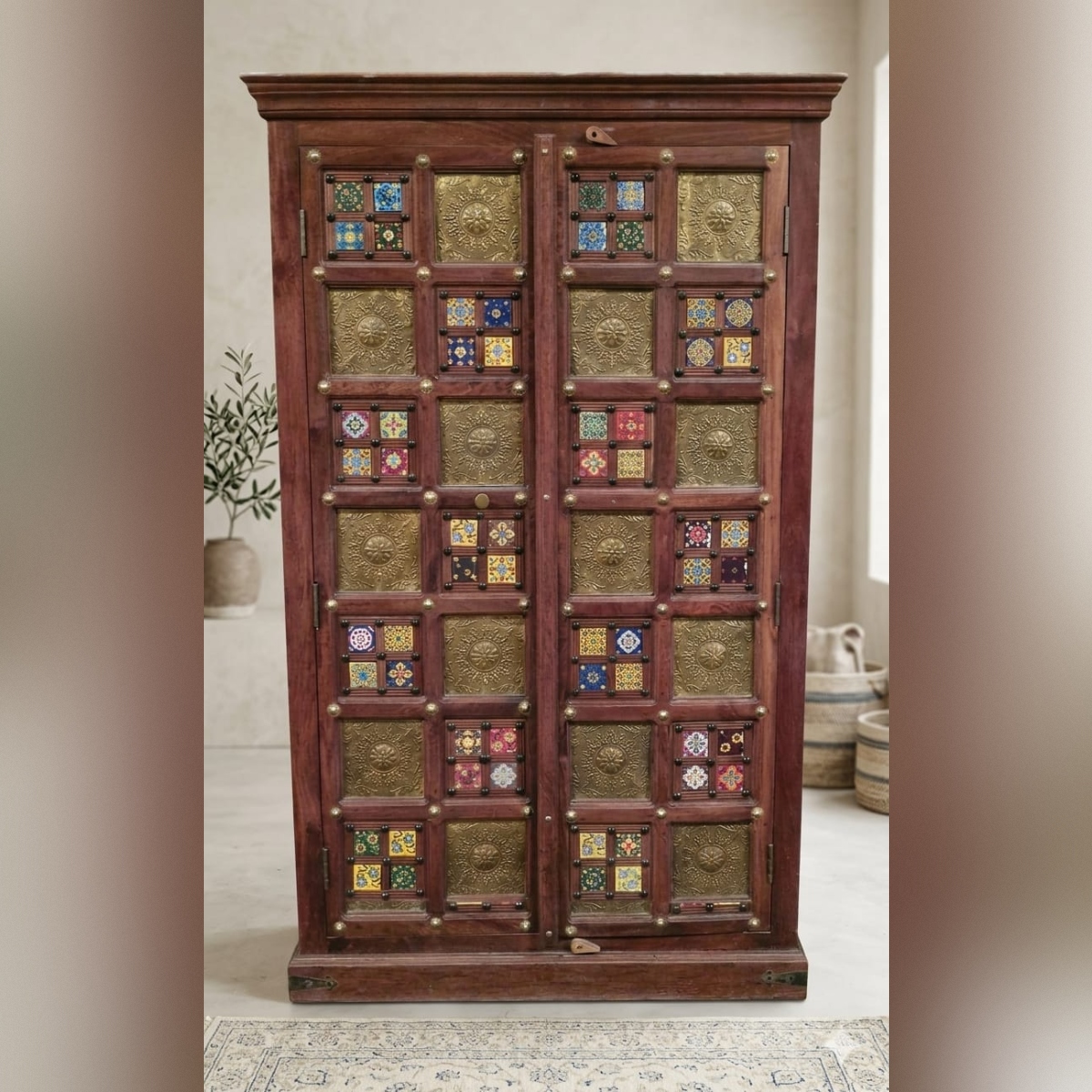 Hand-Carved Sheesham Wood Wardrobe with Brass Inlay & Ceramic Tiles - Image 3