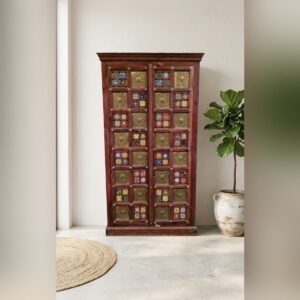 Hand-Carved Sheesham Wood Wardrobe with Brass Inlay & Ceramic Tiles