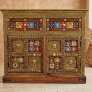 Handcrafted Sheesham Wood Sideboard with Brass Inlay & Ceramic Tile Work