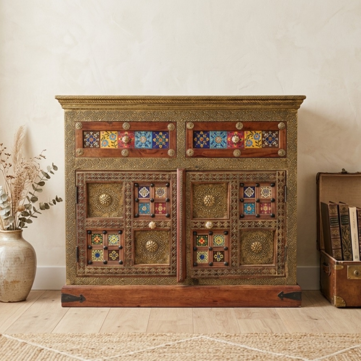 Handcrafted Sheesham Wood Sideboard with Brass Inlay & Ceramic Tile Work - Image 2