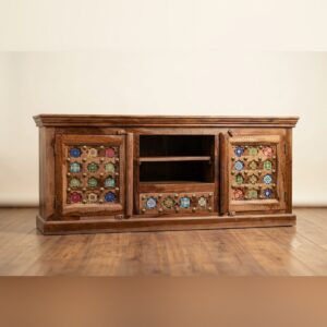 Handcrafted Sheesham Wood TV Unit with Traditional Ceramic Tile Inlays