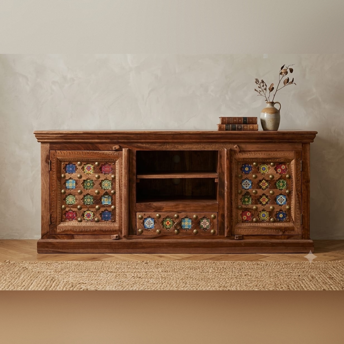 Handcrafted Sheesham Wood TV Unit with Traditional Ceramic Tile Inlays - Image 2