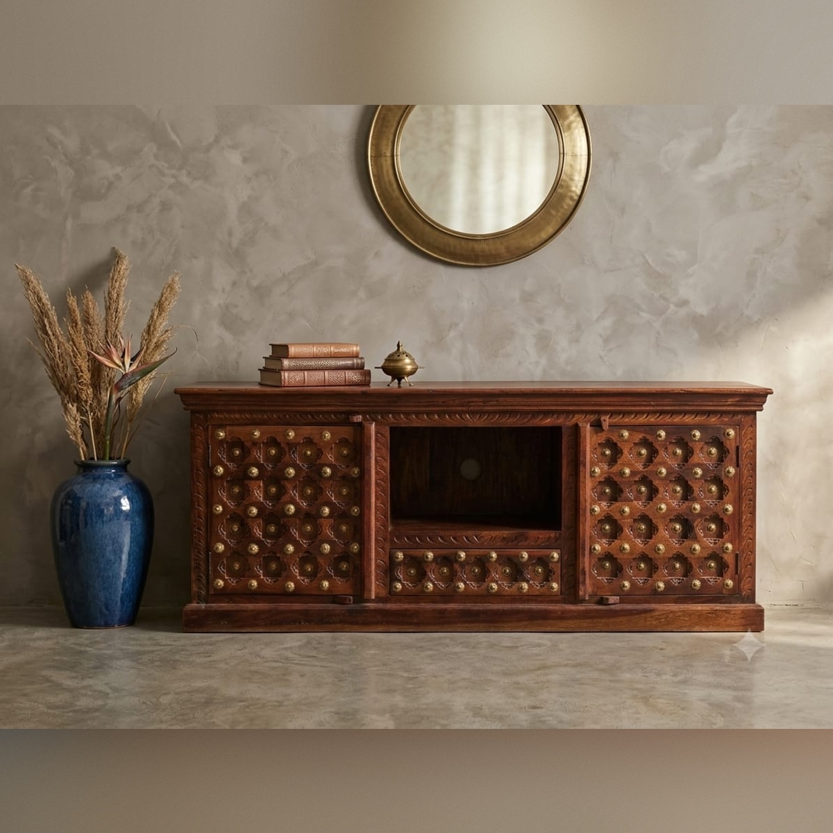 Hand-Carved Solid Wood TV Unit with Brass Inlay - Image 3