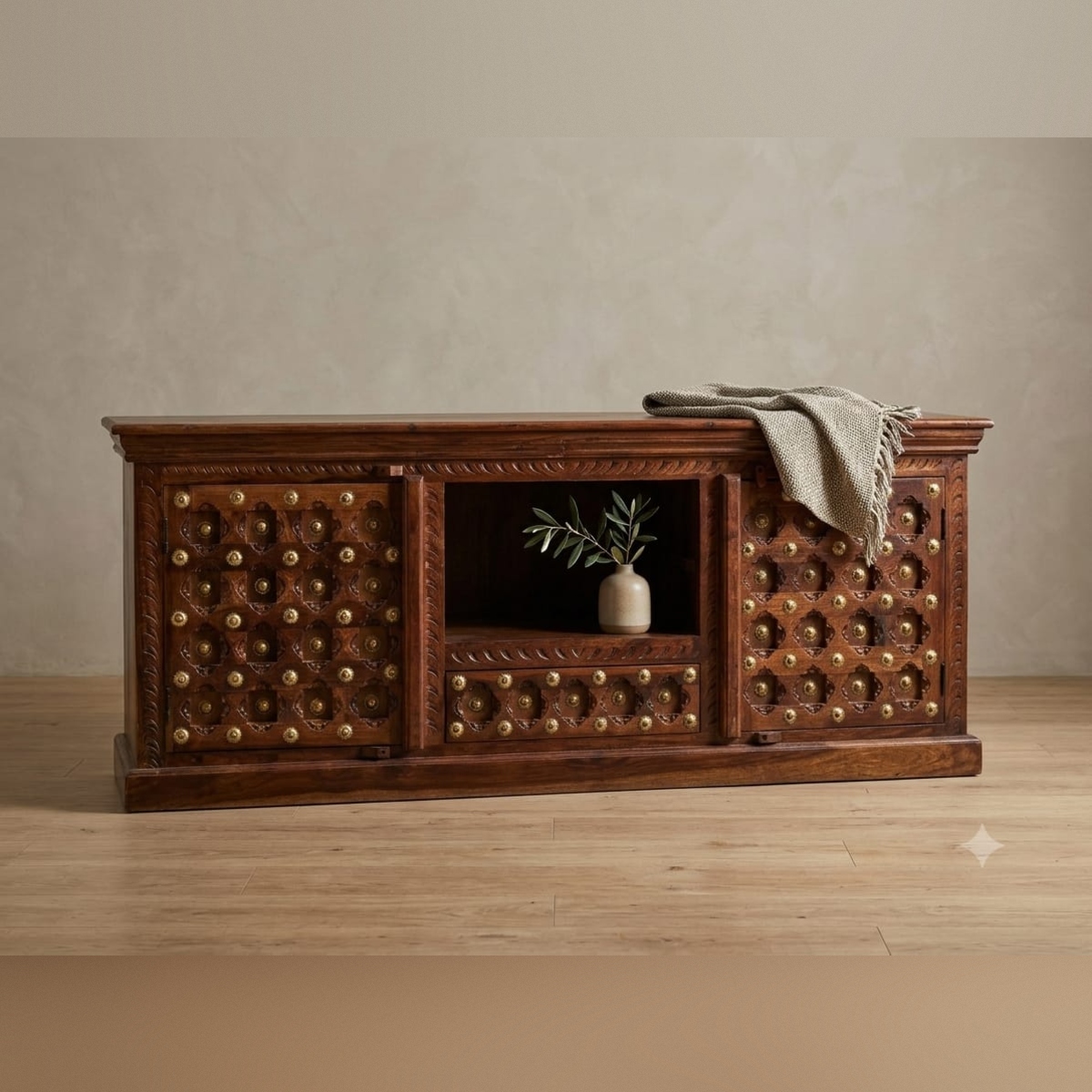 Hand-Carved Solid Wood TV Unit with Brass Inlay