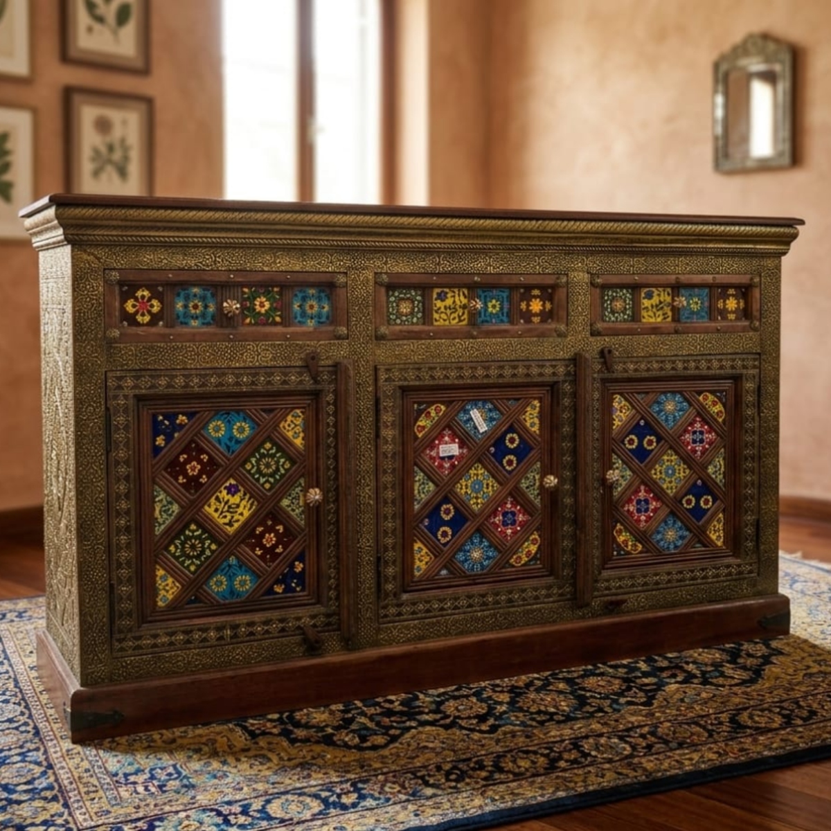 Brass-Fitted Wooden Buffet Cabinet with Hand-Painted Tiles - Image 3