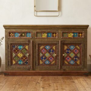 Brass-Fitted Wooden Buffet Cabinet with Hand-Painted Tiles