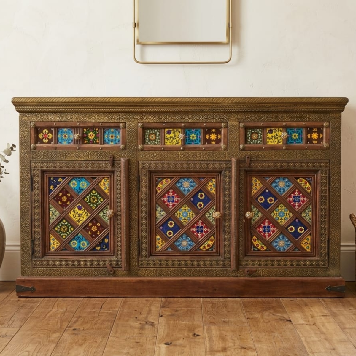 Brass-Fitted Wooden Buffet Cabinet with Hand-Painted Tiles