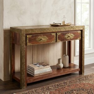 Vintage Brass Inlay Wooden Console Table