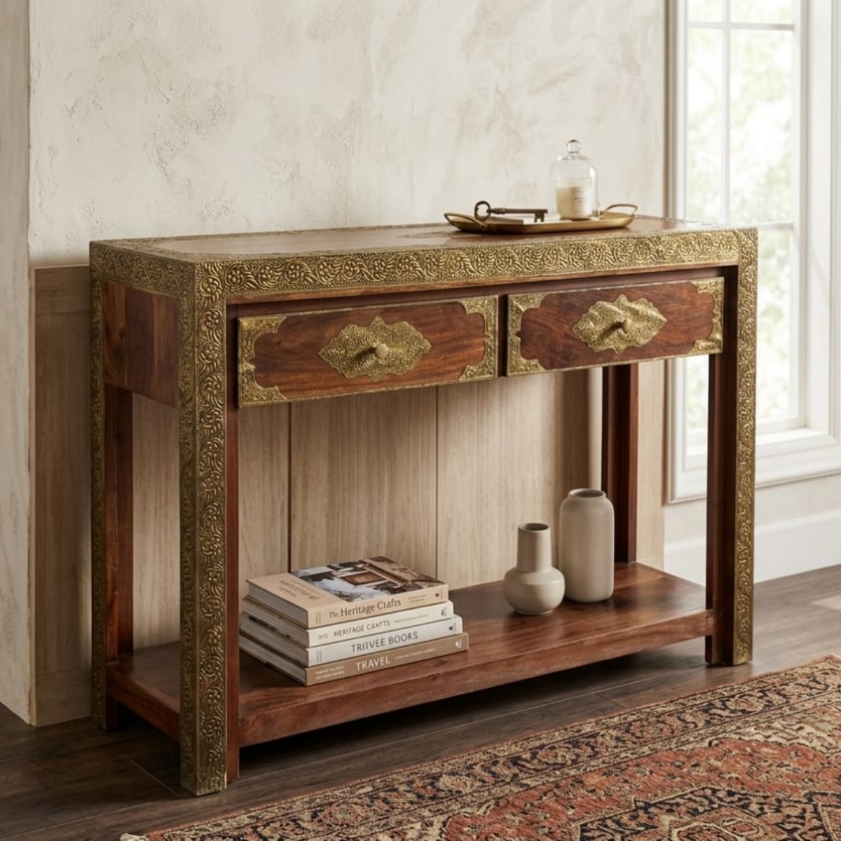 Vintage Brass Inlay Wooden Console Table