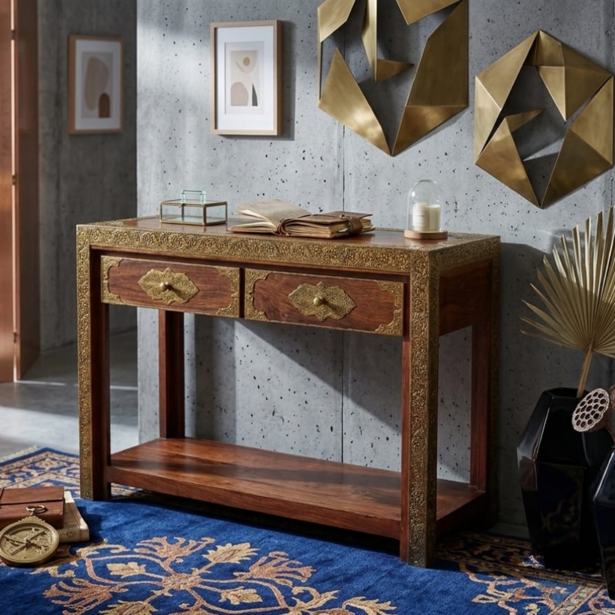 Vintage Brass Inlay Wooden Console Table - Image 3