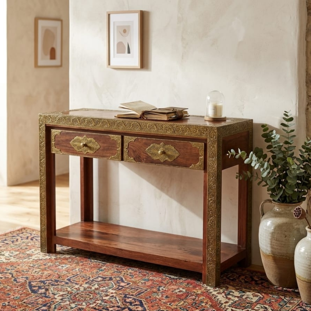Vintage Brass Inlay Wooden Console Table - Image 2