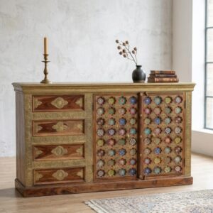 Handcrafted Brass & Mosaic Wooden Sideboard Cabinet