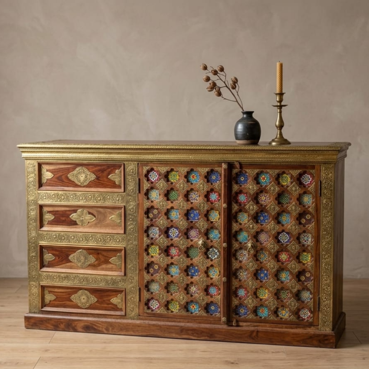 Handcrafted Brass & Mosaic Wooden Sideboard Cabinet - Image 2