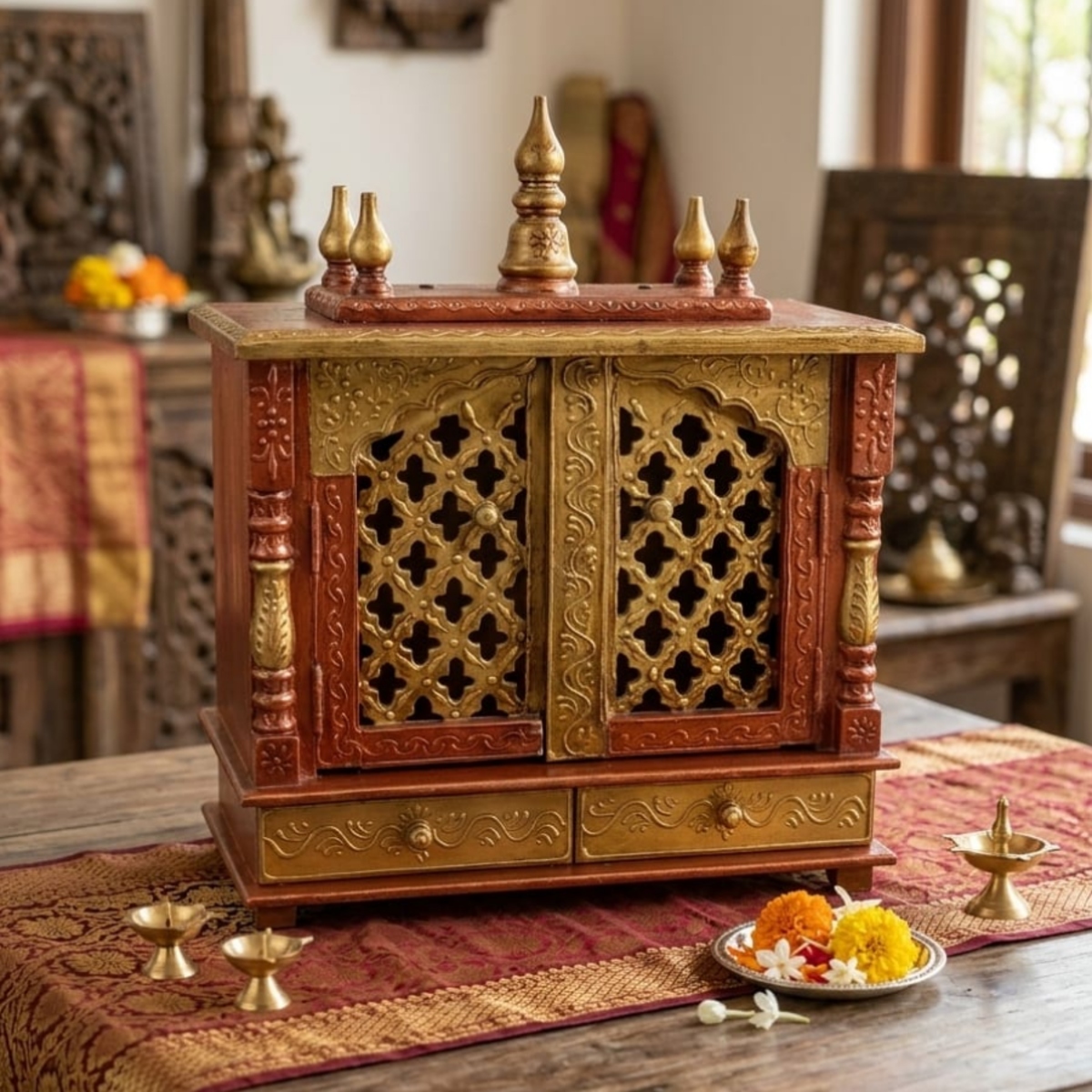 Handcrafted Home Temple – Antique Gold & Rust Mandir with Carved Doors and Storage Drawers