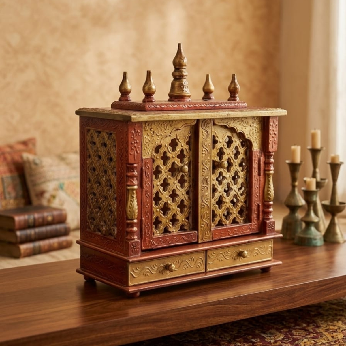 Handcrafted Home Temple – Antique Gold & Rust Mandir with Carved Doors and Storage Drawers - Image 3